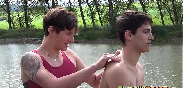  Big dicked twink gets a massage and tugging in nature